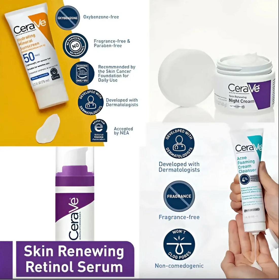 CeraVe 4 In 1 Skincare Kit Night Cream Retinol Serum Acne Foaming Cream Cleanser Hydrating Mineral Sunscreen My Store