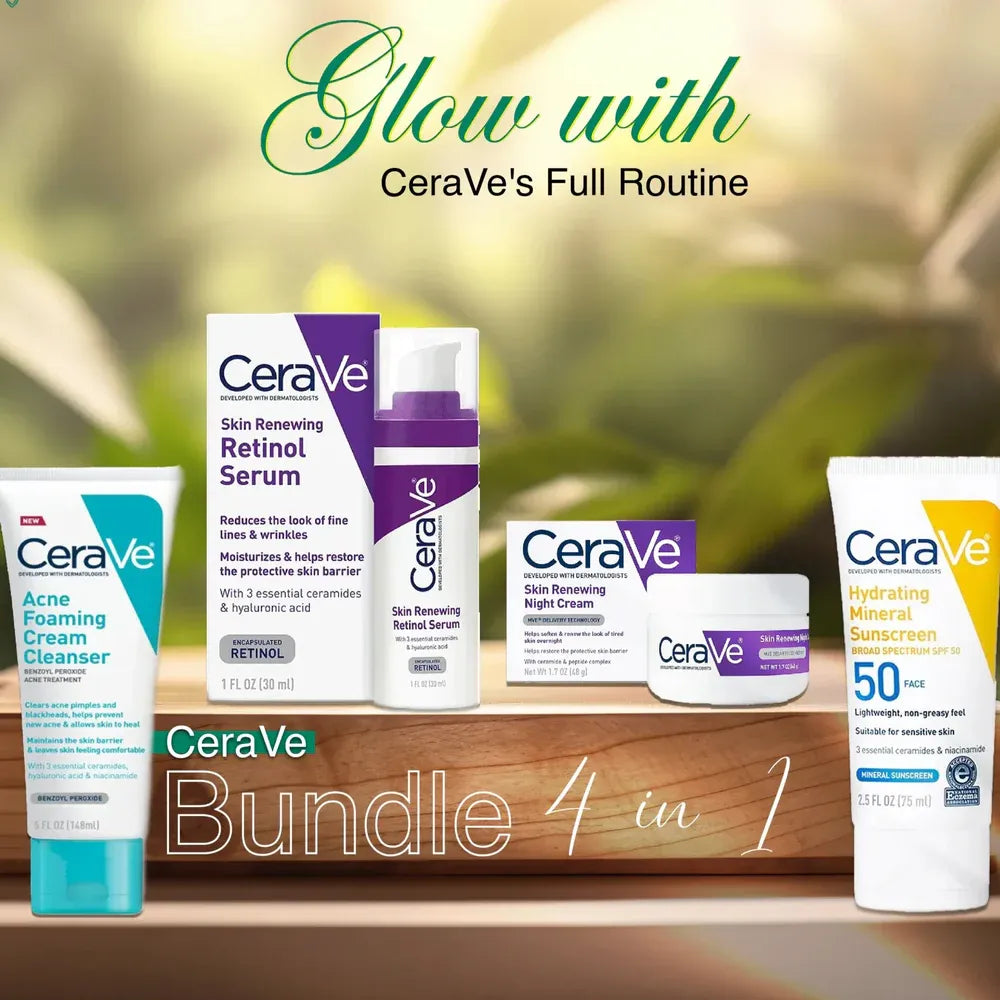 CeraVe 4 In 1 Skincare Kit Night Cream Retinol Serum Acne Foaming Cream Cleanser Hydrating Mineral Sunscreen My Store